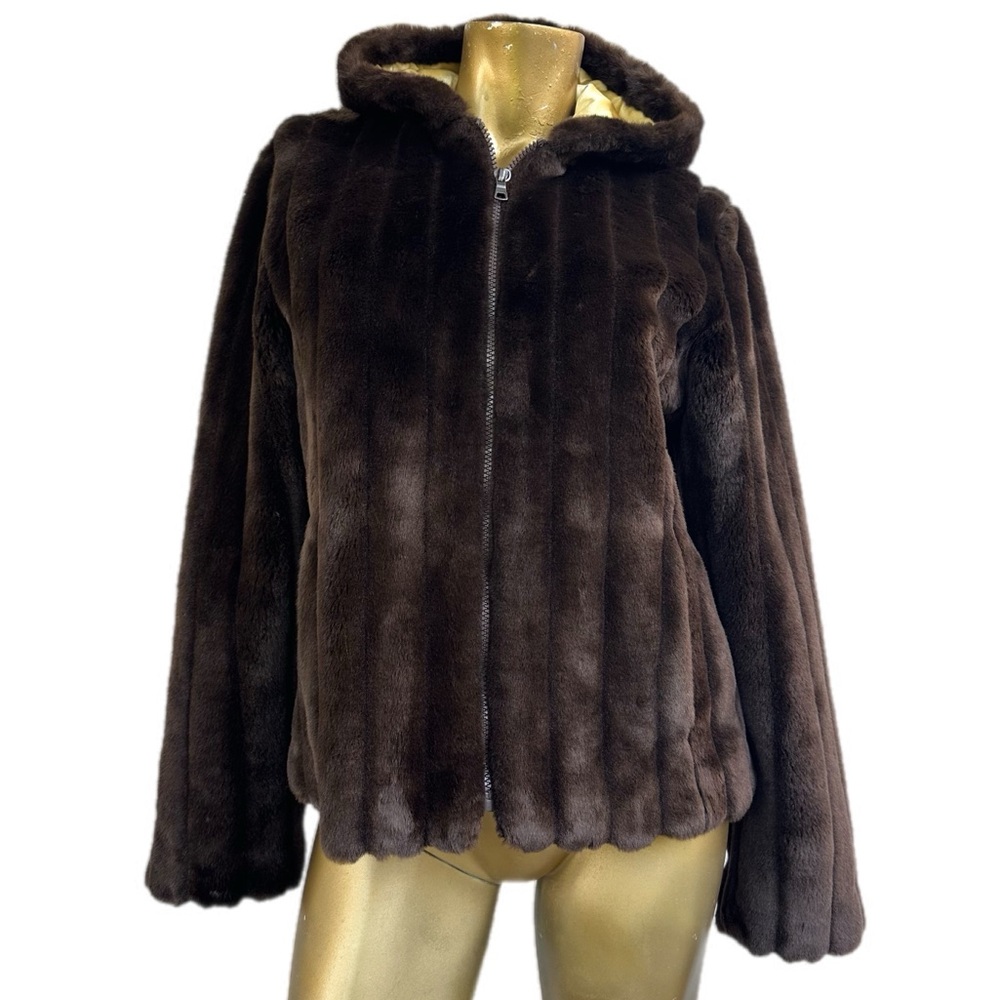 Y2K Esprit Outwear Brown Faux Fur Zipper Jacket w/ hood, satin lining size L